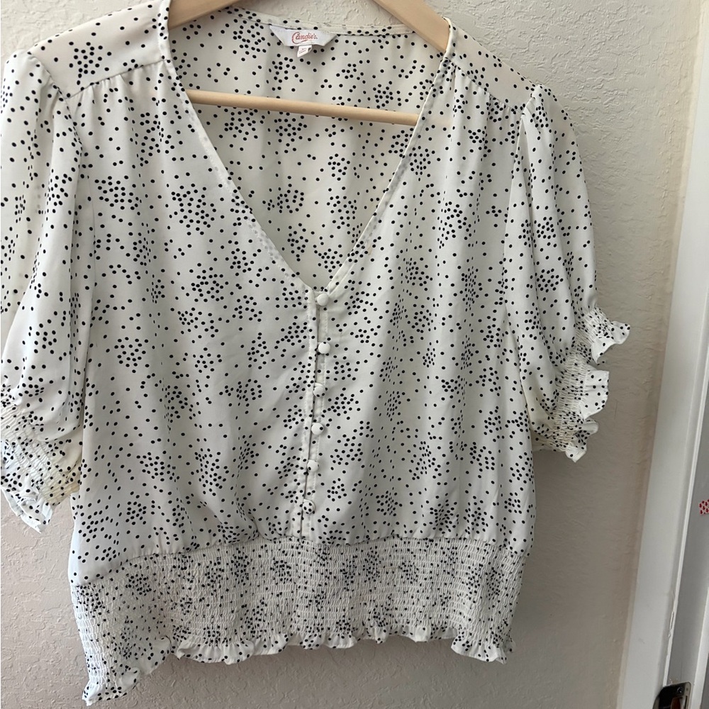 Candirs Cream Polka Dot V-Neck Button Front Blouse